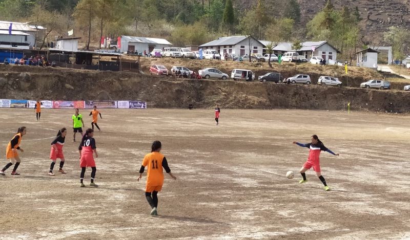 A women’s football match at the 55th SRSA sports meet on March 4.